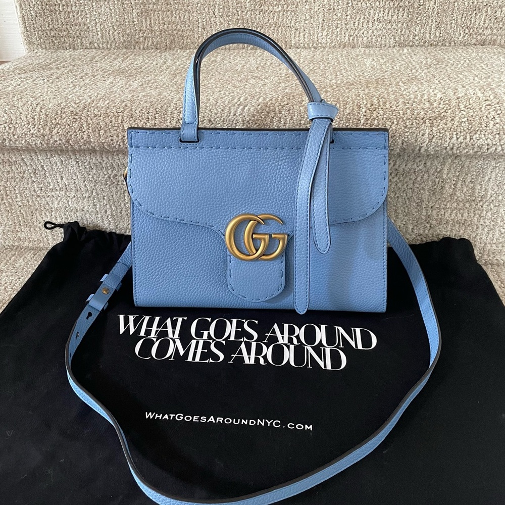 Gucci Marmont Top Handle Blue Pebbled Calfskin Leather Crossbody Satchel Handbag